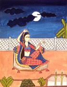 Water colour on paper sheet, Miniature - A lady sitting in the moonlight