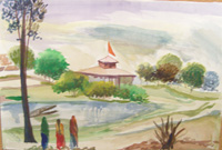 Water colour on paper sheet, A view of the temple and river shipra