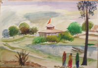 Water colour on paper sheet, A view of the temple and river shipra