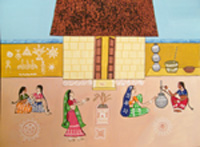 Acrylic colours on paper sheet using texture, Composition - ladies doing the daily work inside the house