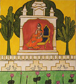Water colour on paper sheet, An Indian Miniature - a lady sitting near the lake