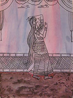 Water colour on paper sheet using wash technique with texture, A young girl looking at the sky