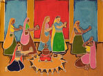 Water colour on paper sheet with texture, Indian ladies playing 