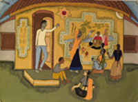 Water colour on paper sheet with texture, Indian ladies in a village preparing for 