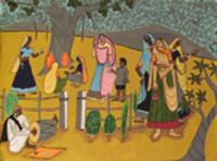 Water colour on paper sheet with texture, Indian ladies in a village performing the pooja (prayer)