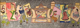 Water colour on paper sheet with texture, Ladies giving messages to their lover through different ways (based on Meghdootam)